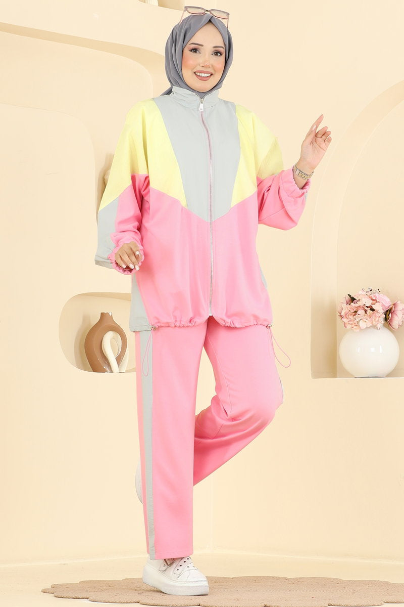 Two-Piece Set with Contrast Piping - Grey-Pink