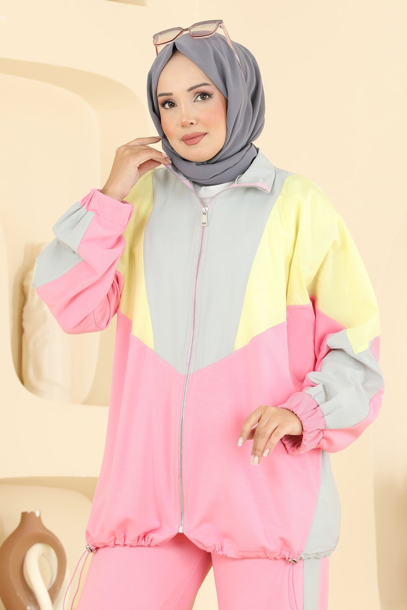 Two-Piece Set with Contrast Piping - Grey-Pink