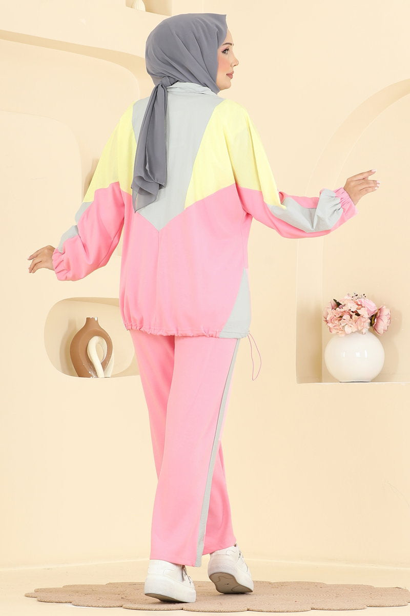 Two-Piece Set with Contrast Piping - Grey-Pink