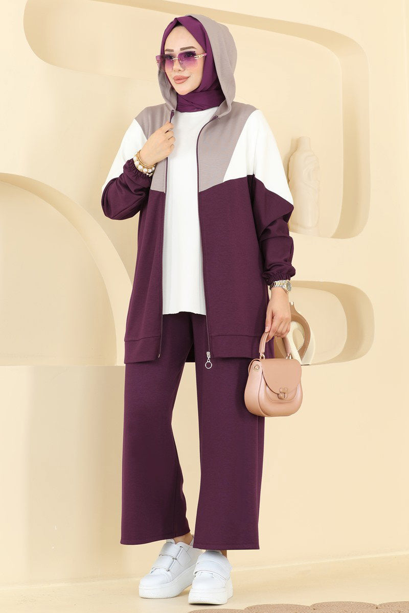 Modal Two-Piece Set with Contrast Trim - Plum