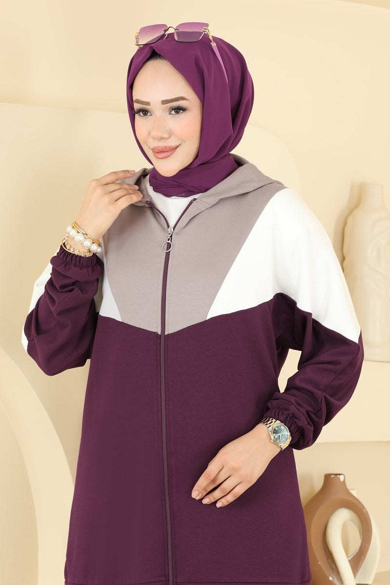 Modal Two-Piece Set with Contrast Trim - Plum