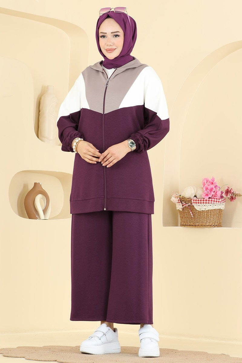 Modal Two-Piece Set with Contrast Trim - Plum