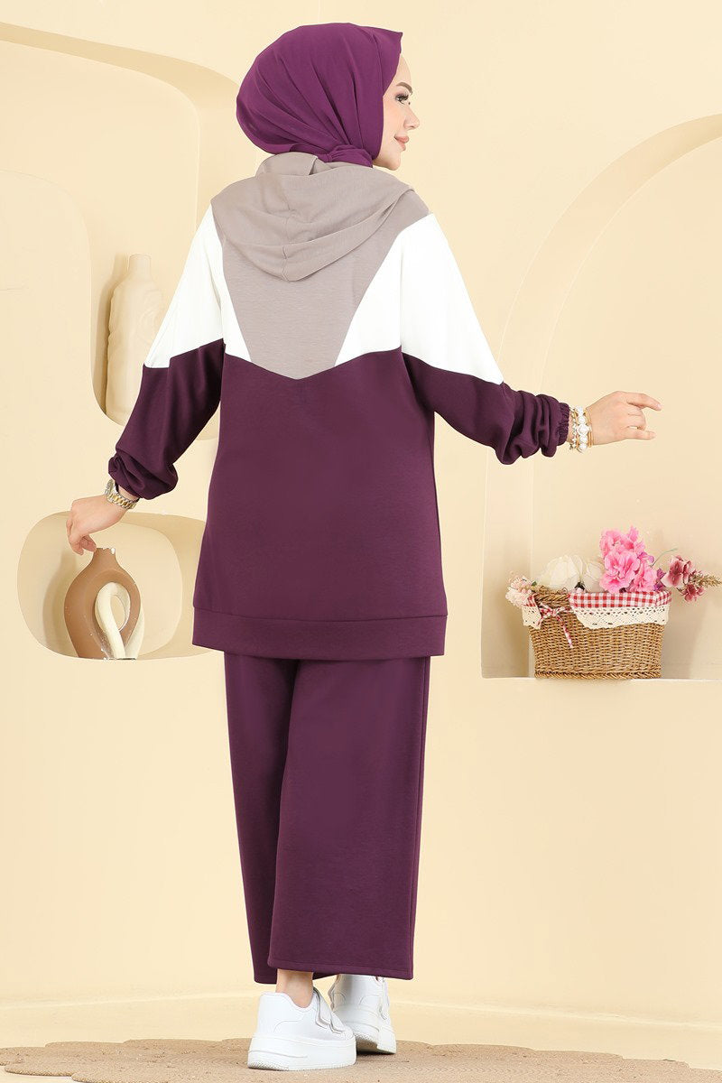 Modal Two-Piece Set with Contrast Trim - Plum