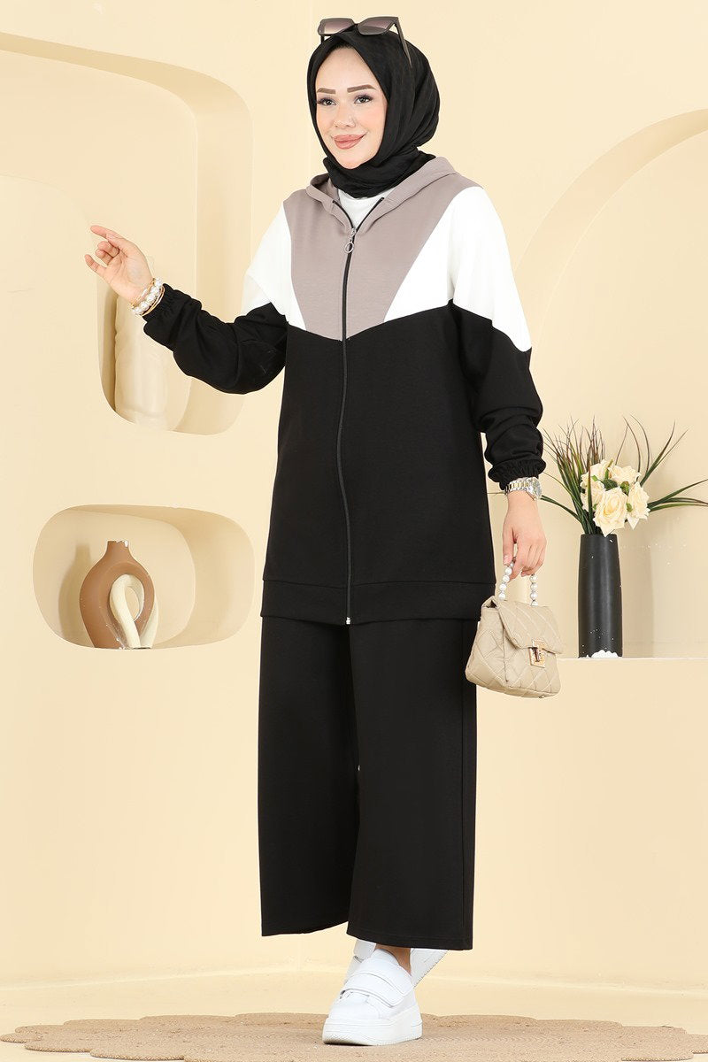 Modal Two-Piece Set with Contrast Trim - Black