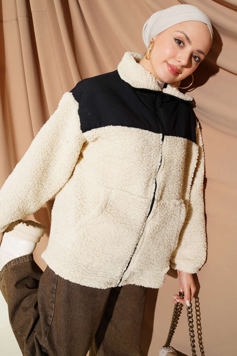 Plush Zip Jacket with Trim - Beige