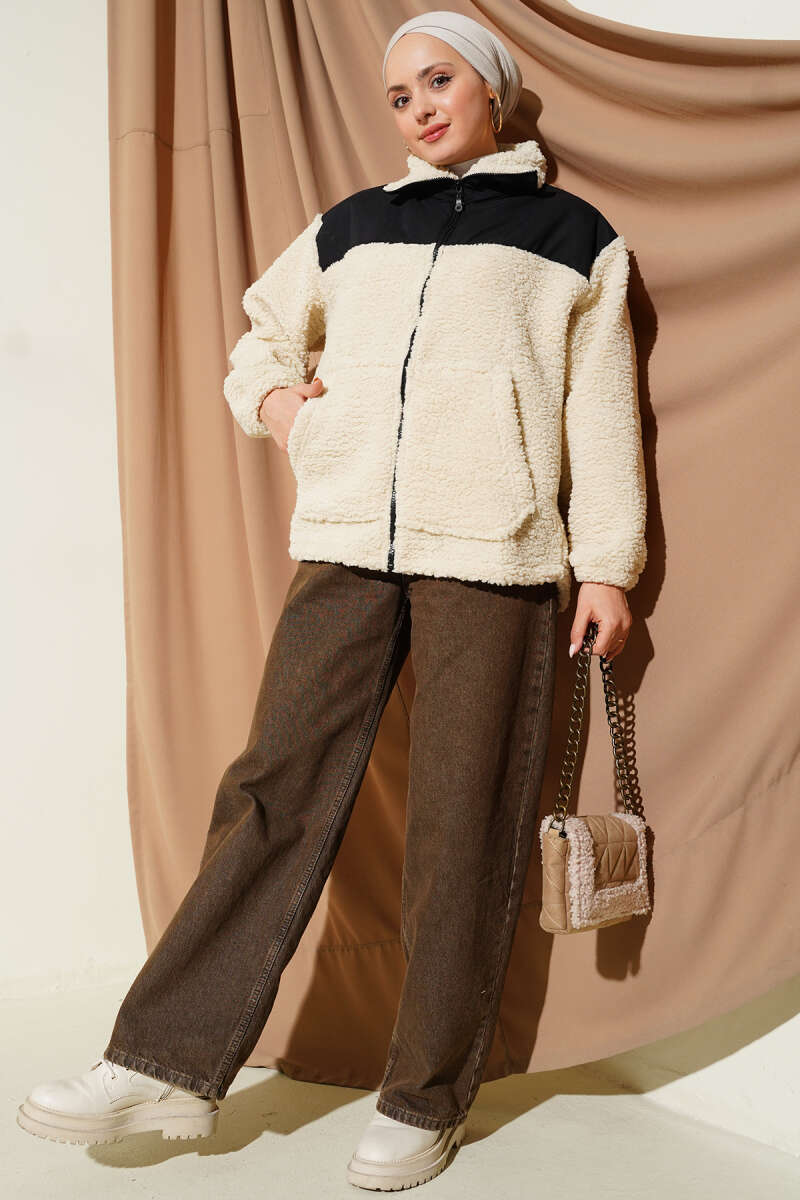 Plush Zip Jacket with Trim - Beige