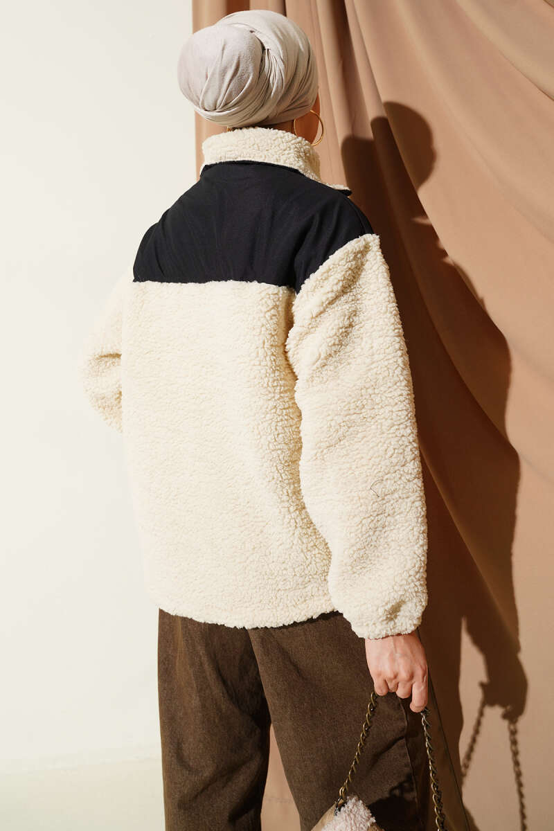 Plush Zip Jacket with Trim - Beige