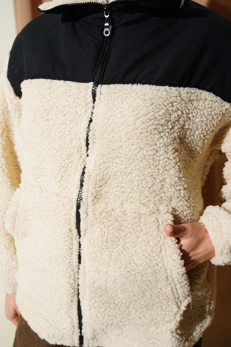 Plush Zip Jacket with Trim - Beige