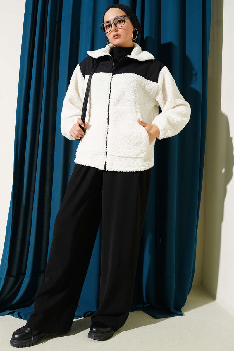 Plush Zip Jacket with Trim - Ecru