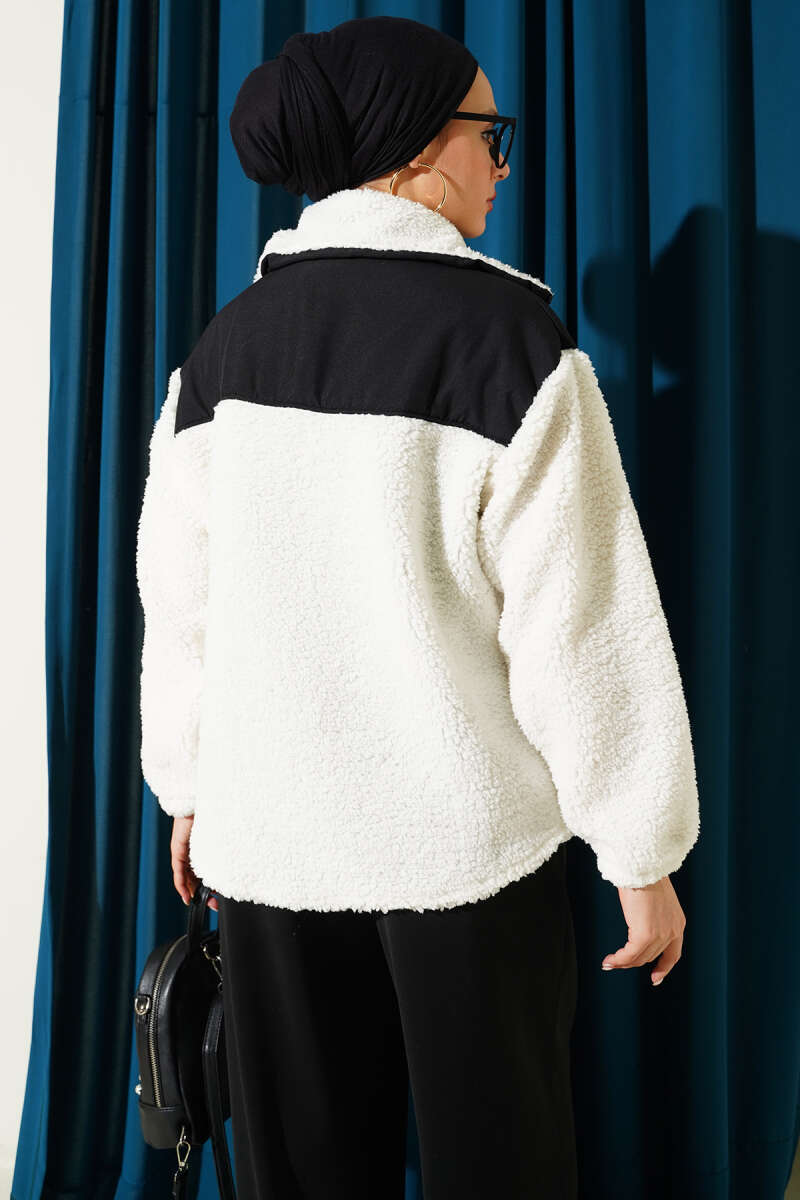 Plush Zip Jacket with Trim - Ecru