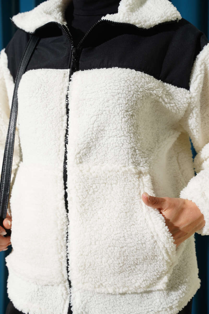 Plush Zip Jacket with Trim - Ecru