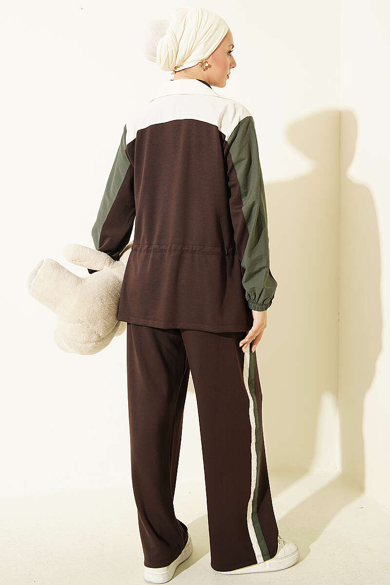 Two-Piece Set with Trim and Drawstring Waist - Brown