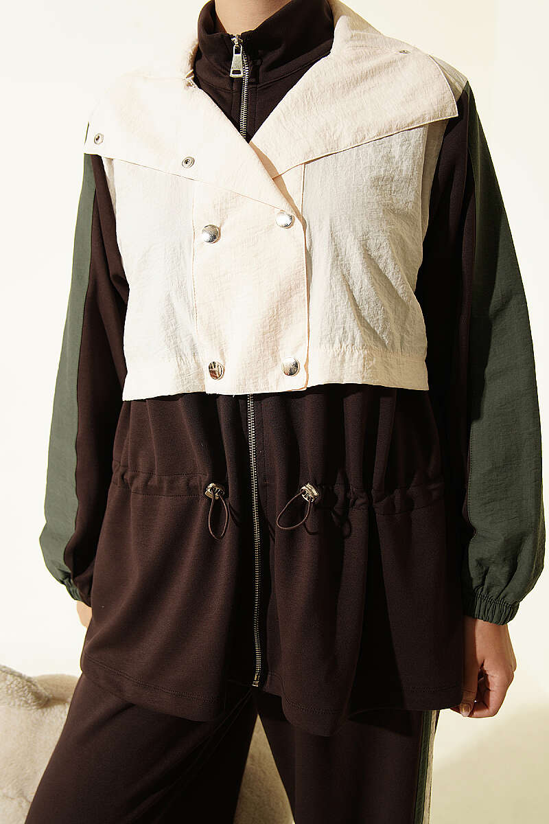 Two-Piece Set with Trim and Drawstring Waist - Brown