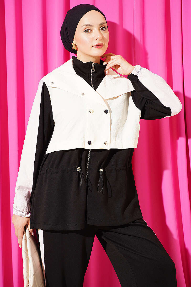 Two-Piece Set with Trim and Drawstring Waist - Black