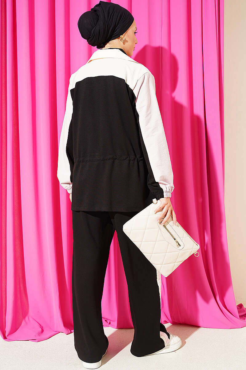 Two-Piece Set with Trim and Drawstring Waist - Black