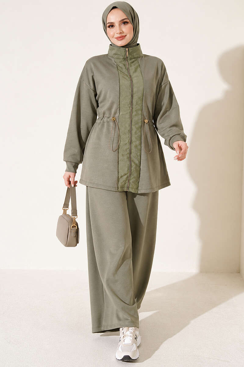 Loycha Two-Piece Set with Trim and Drawstring Waist - Khaki