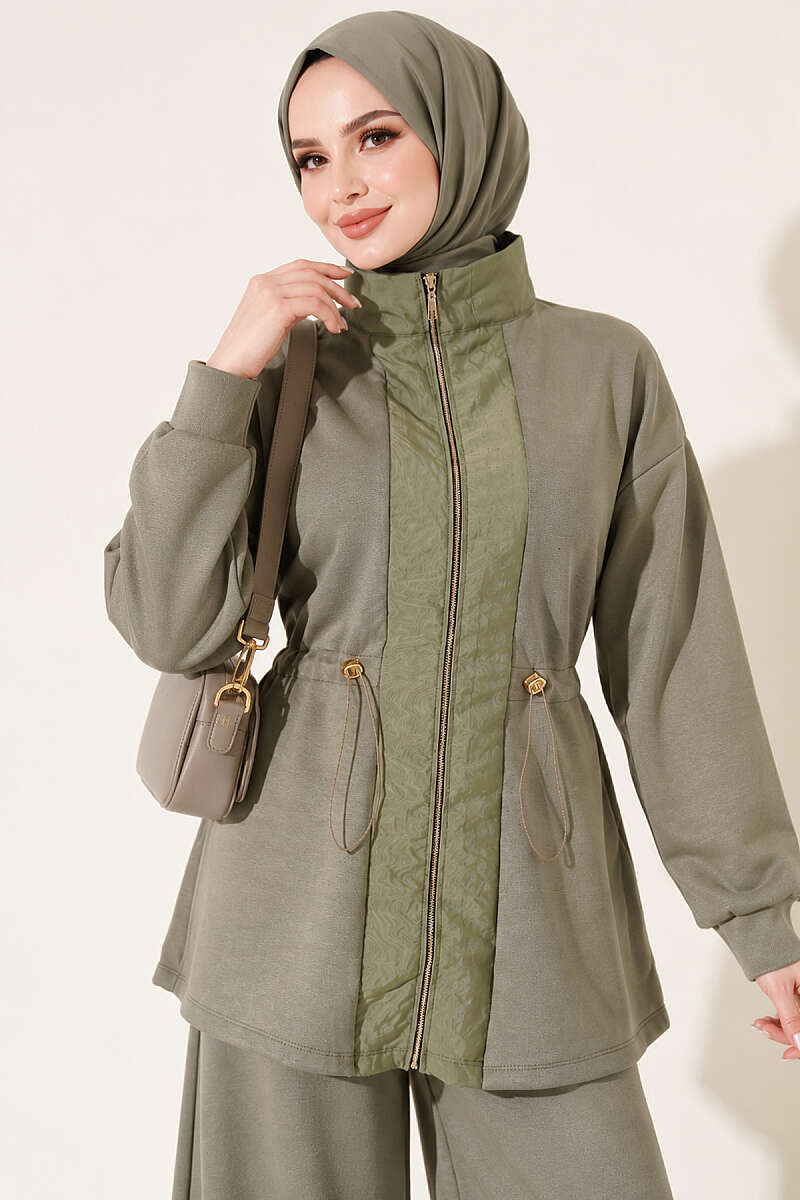Loycha Two-Piece Set with Trim and Drawstring Waist - Khaki