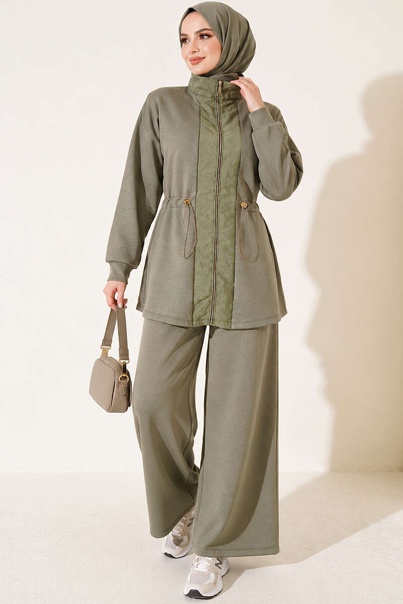 Loycha Two-Piece Set with Trim and Drawstring Waist - Khaki