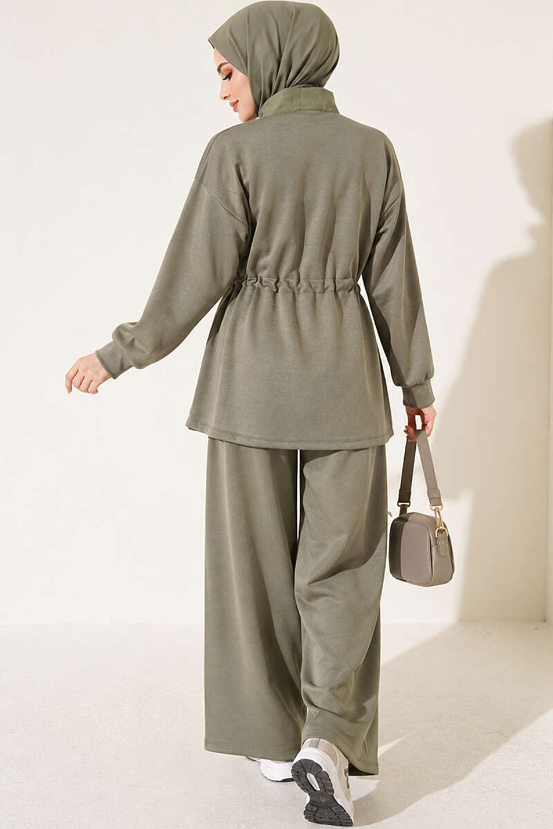 Loycha Two-Piece Set with Trim and Drawstring Waist - Khaki