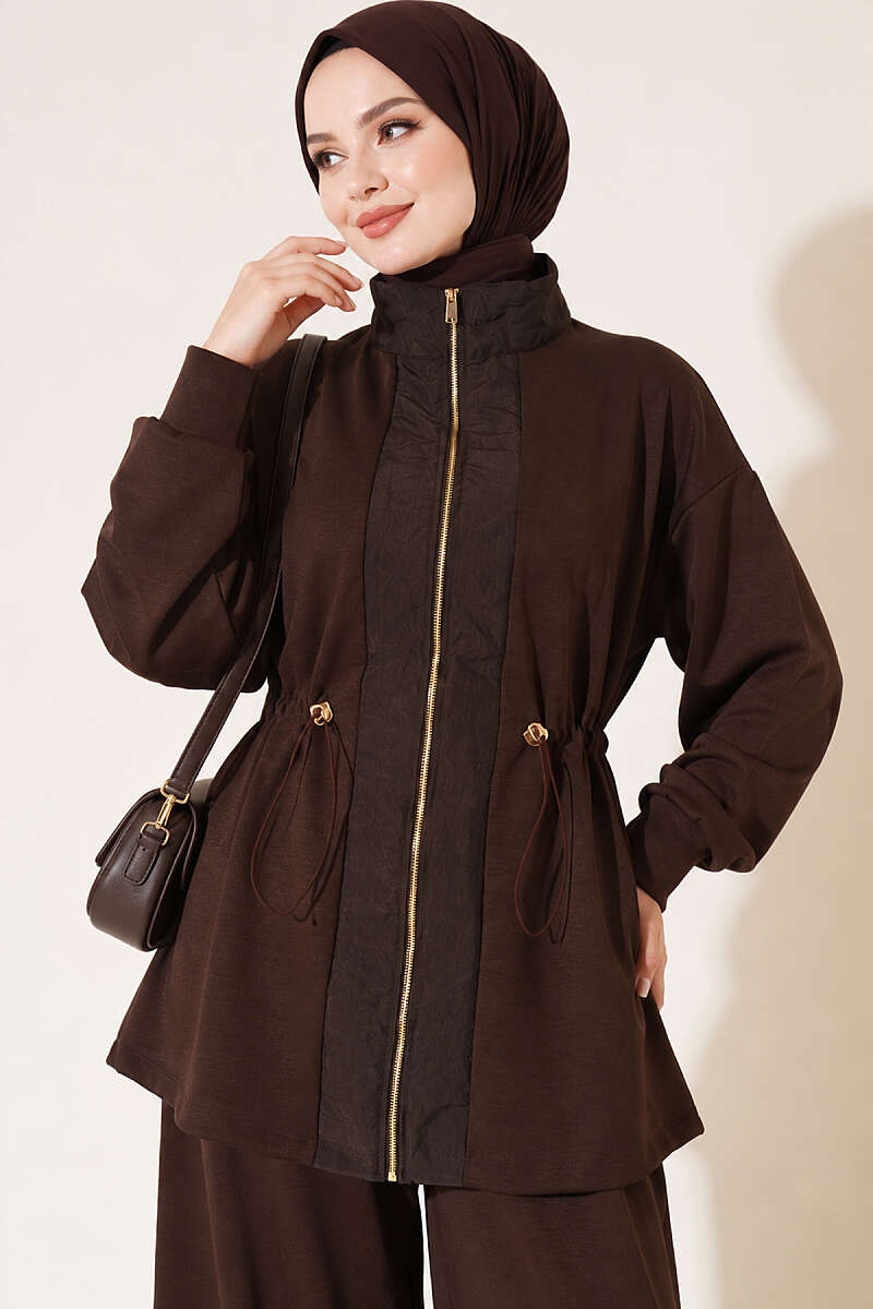 Loycha Two-Piece Set with Trim and Drawstring Waist - Brown