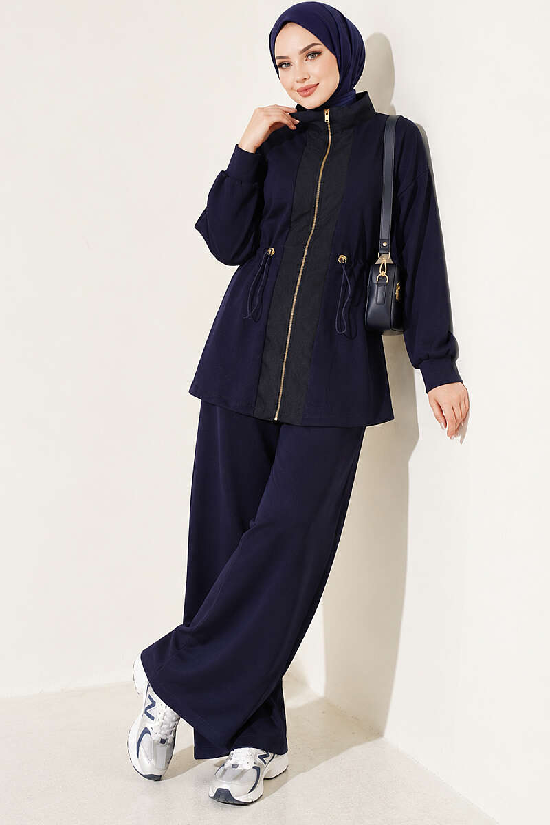 Loycha Two-Piece Set with Trim and Drawstring Waist - Navy