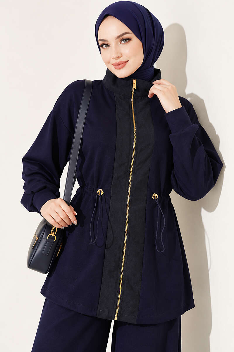 Loycha Two-Piece Set with Trim and Drawstring Waist - Navy