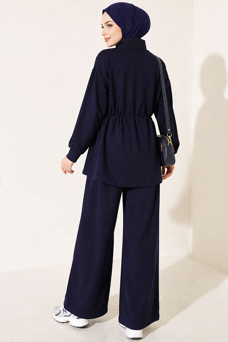 Loycha Two-Piece Set with Trim and Drawstring Waist - Navy