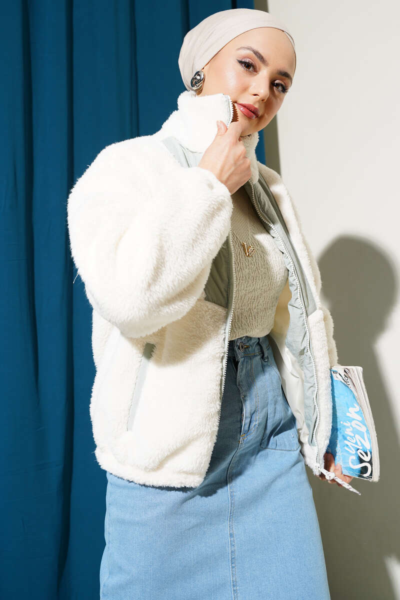 Short Plush Jacket with Trim and Pockets - Grey