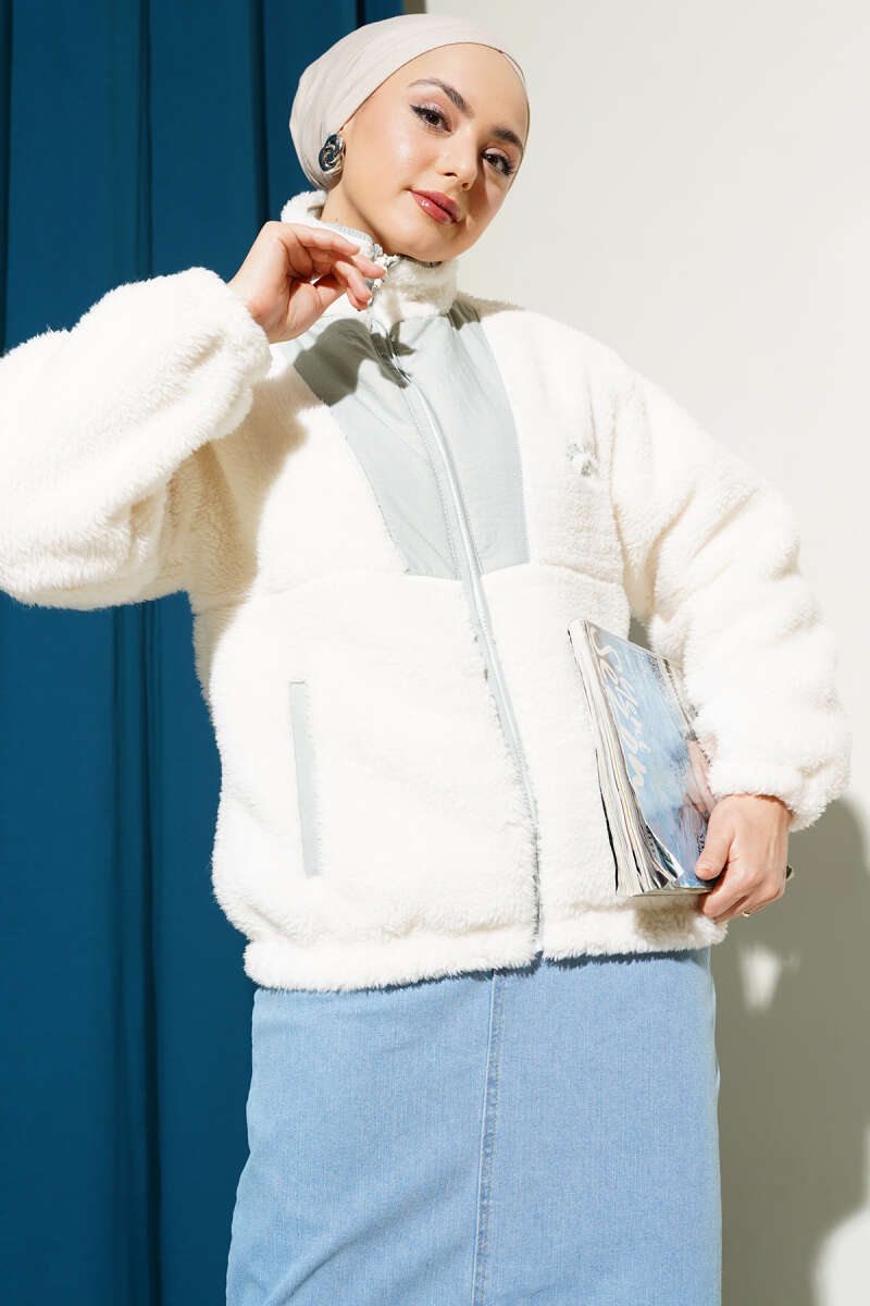 Short Plush Jacket with Trim and Pockets - Grey