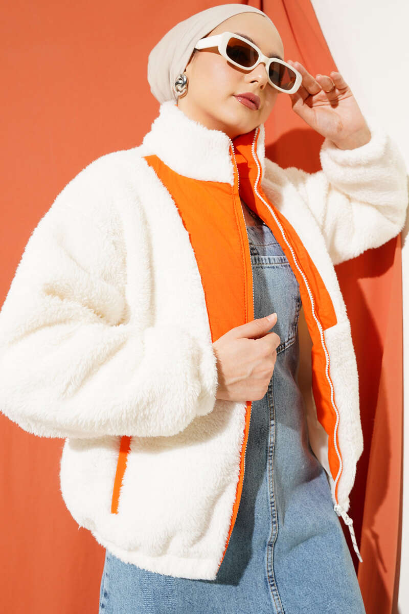 Short Plush Jacket with Trim and Pockets - Orange