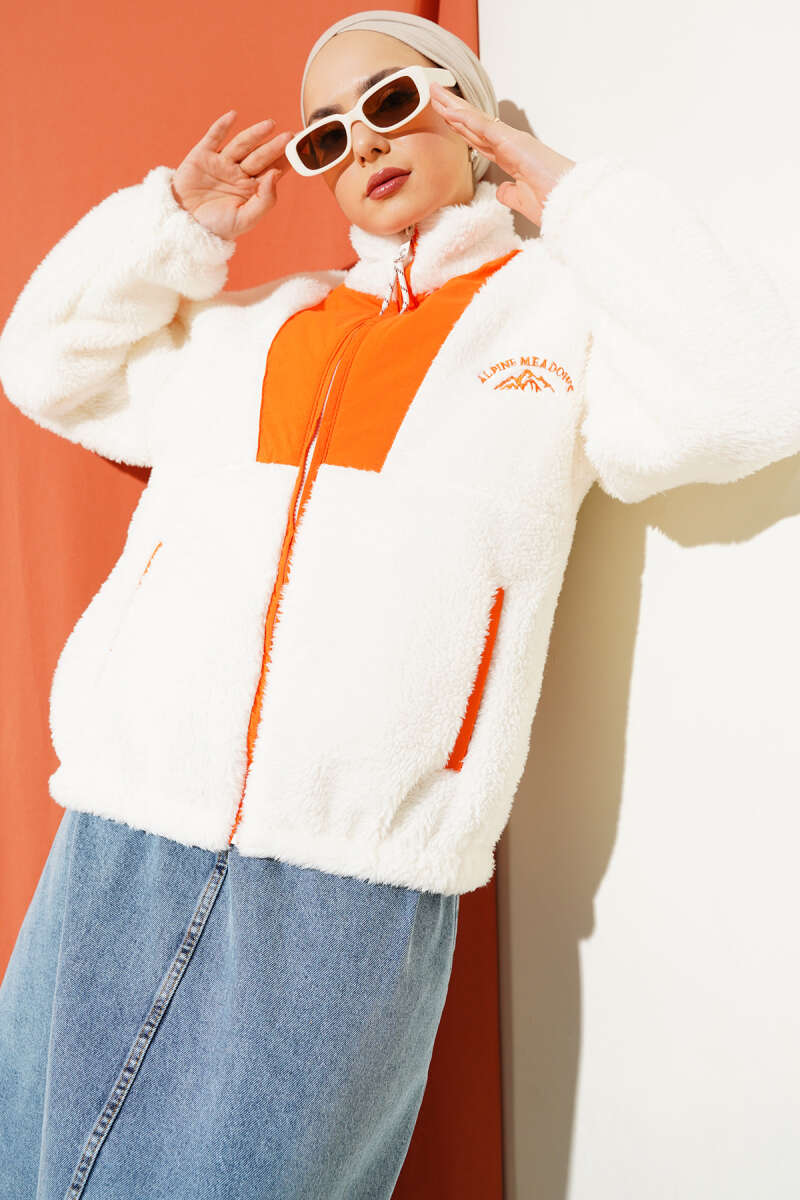 Short Plush Jacket with Trim and Pockets - Orange