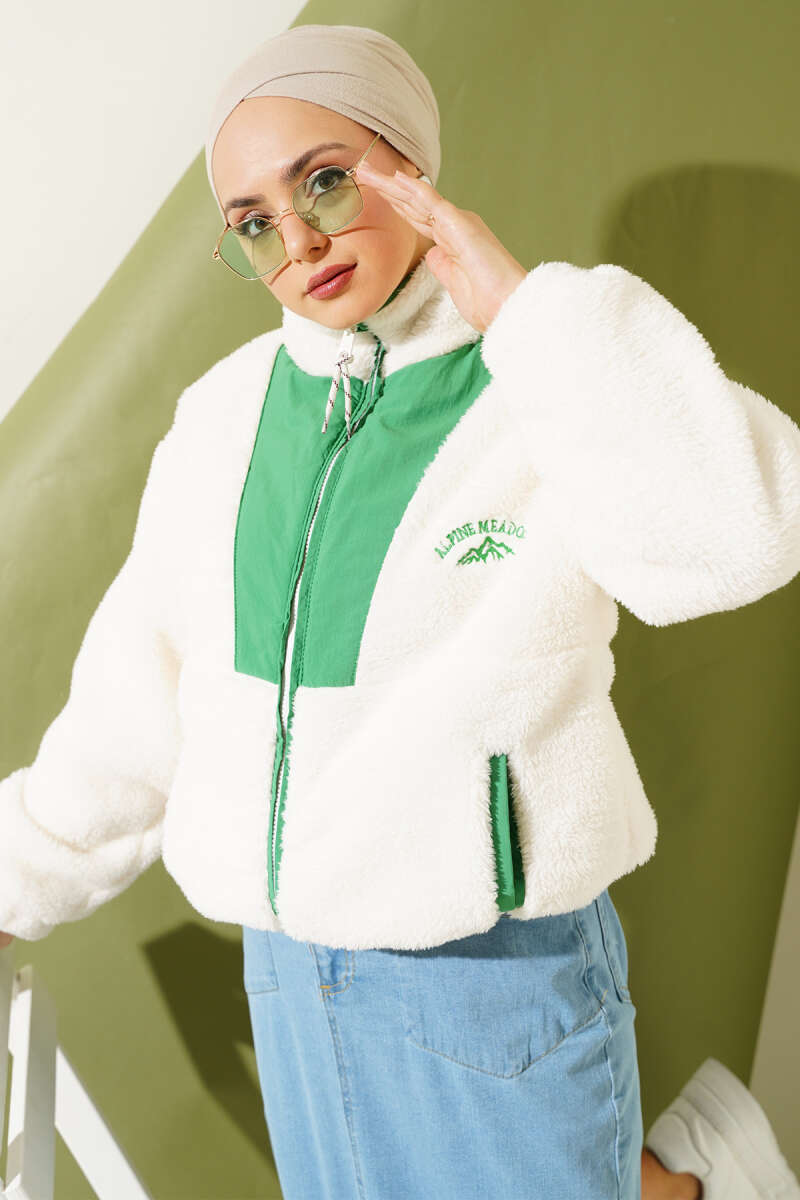 Short Plush Jacket with Trim and Pockets - Green