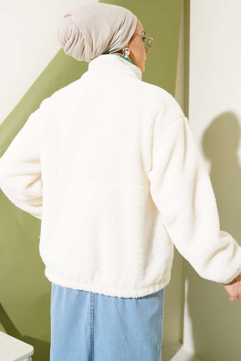 Short Plush Jacket with Trim and Pockets - Green