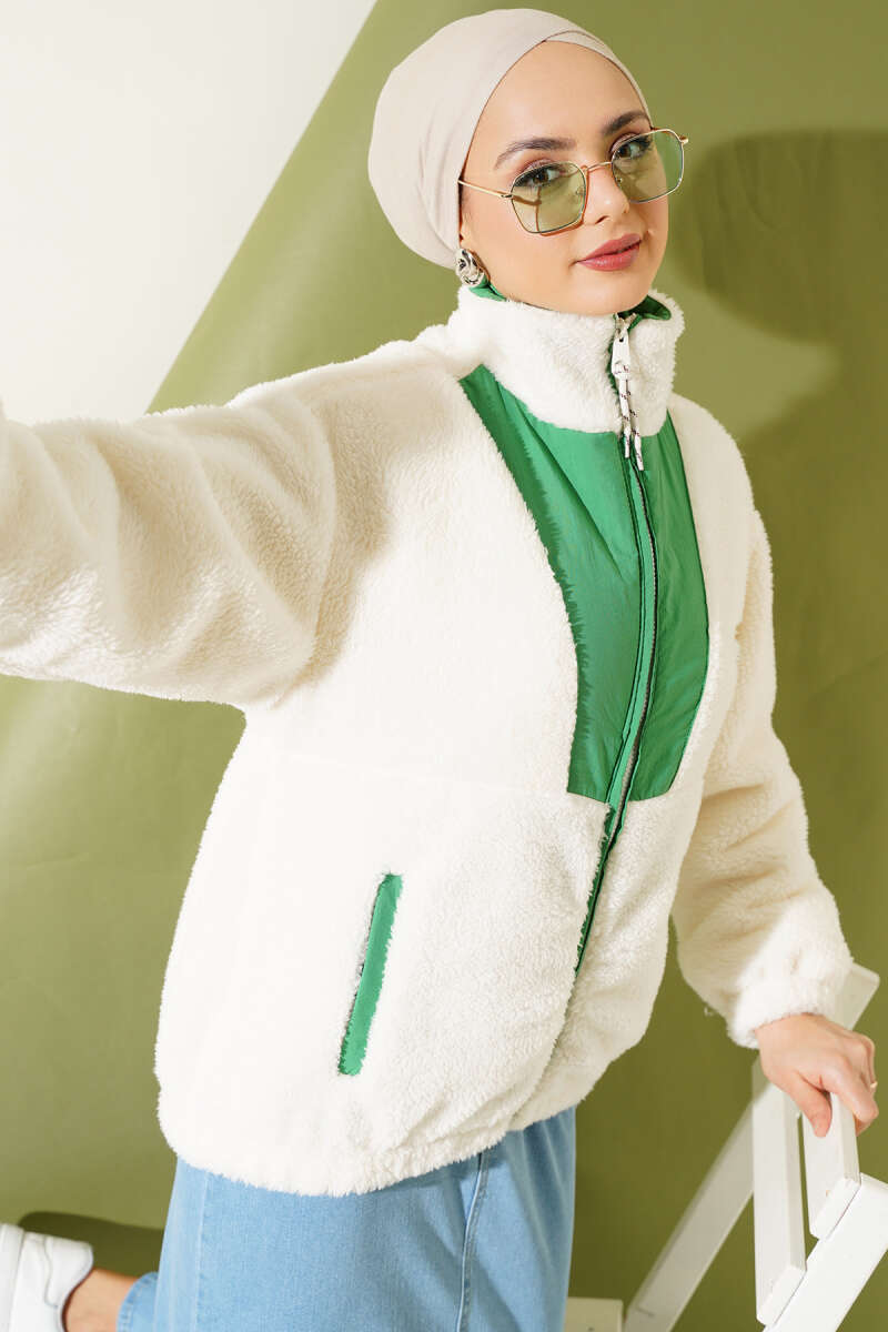 Short Plush Jacket with Trim and Pockets - Green