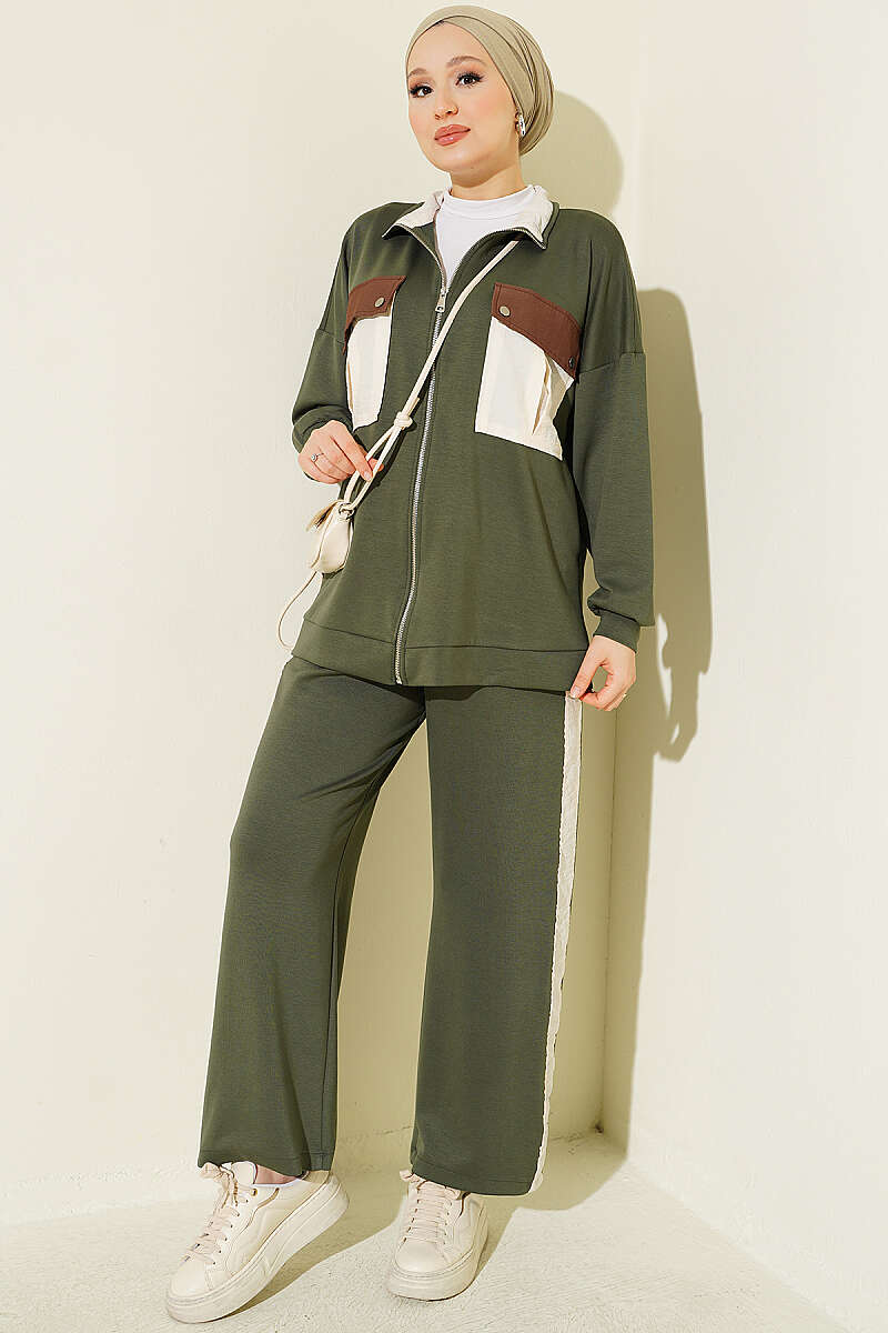 Two-Piece Set with Twin Pockets and Trim - Khaki