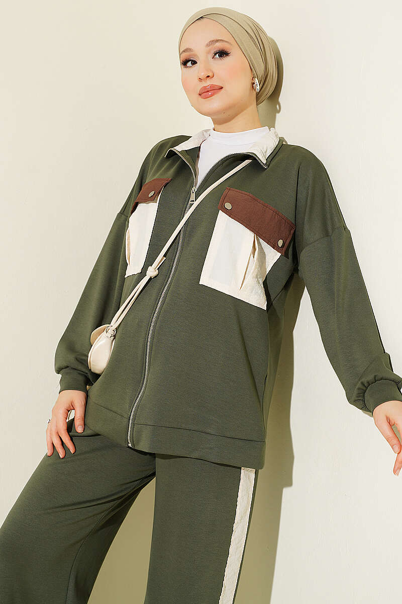 Two-Piece Set with Twin Pockets and Trim - Khaki