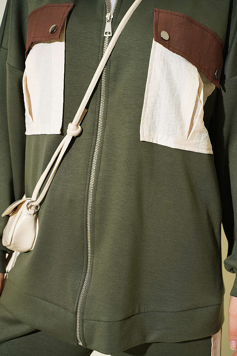 Two-Piece Set with Twin Pockets and Trim - Khaki