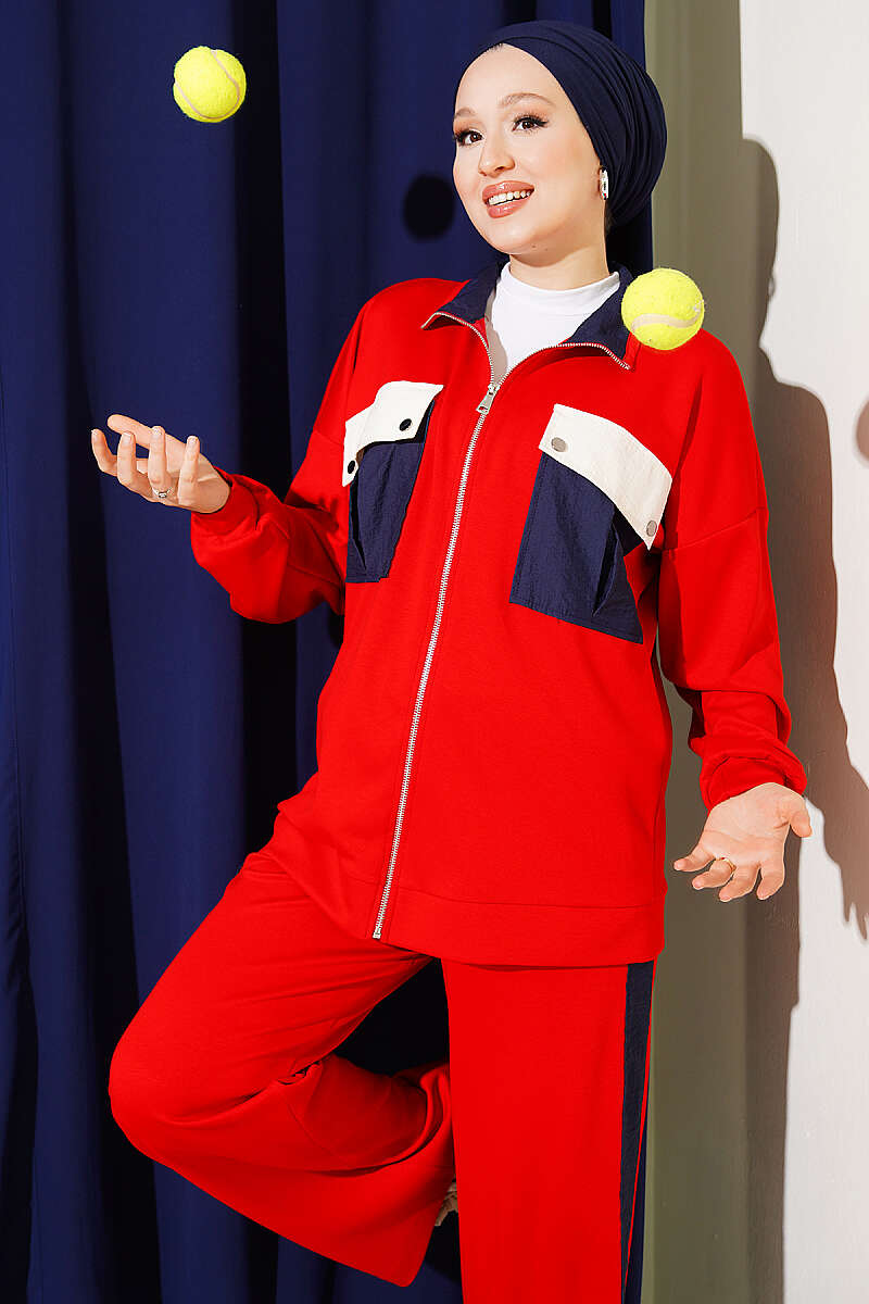 Two-Piece Set with Twin Pockets and Trim - Red
