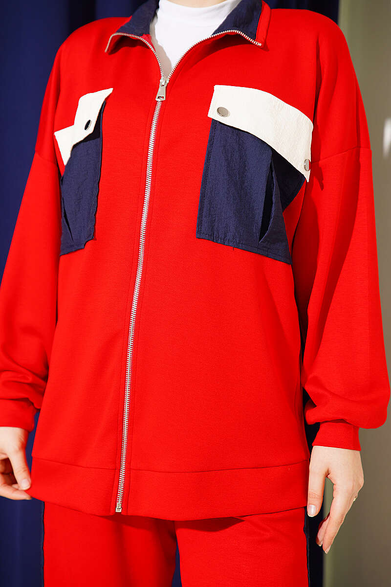 Two-Piece Set with Twin Pockets and Trim - Red