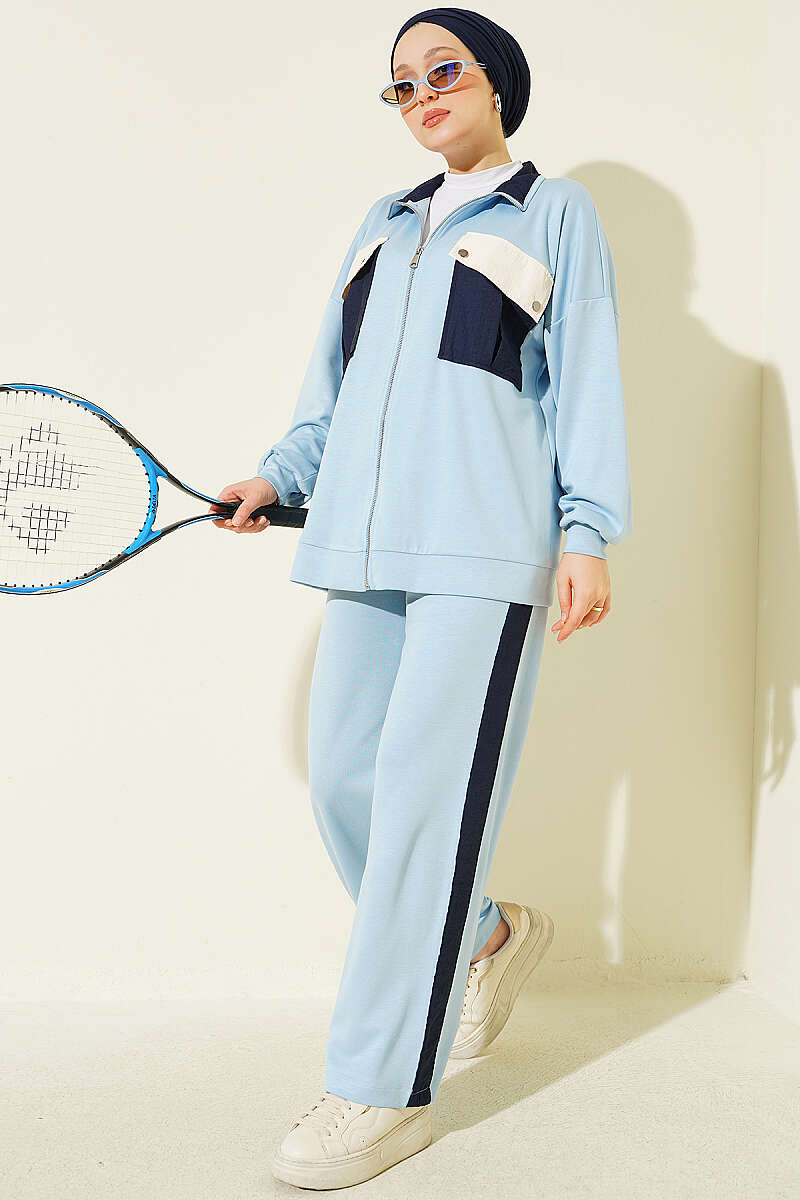 Two-Piece Set with Twin Pockets and Trim - Blue