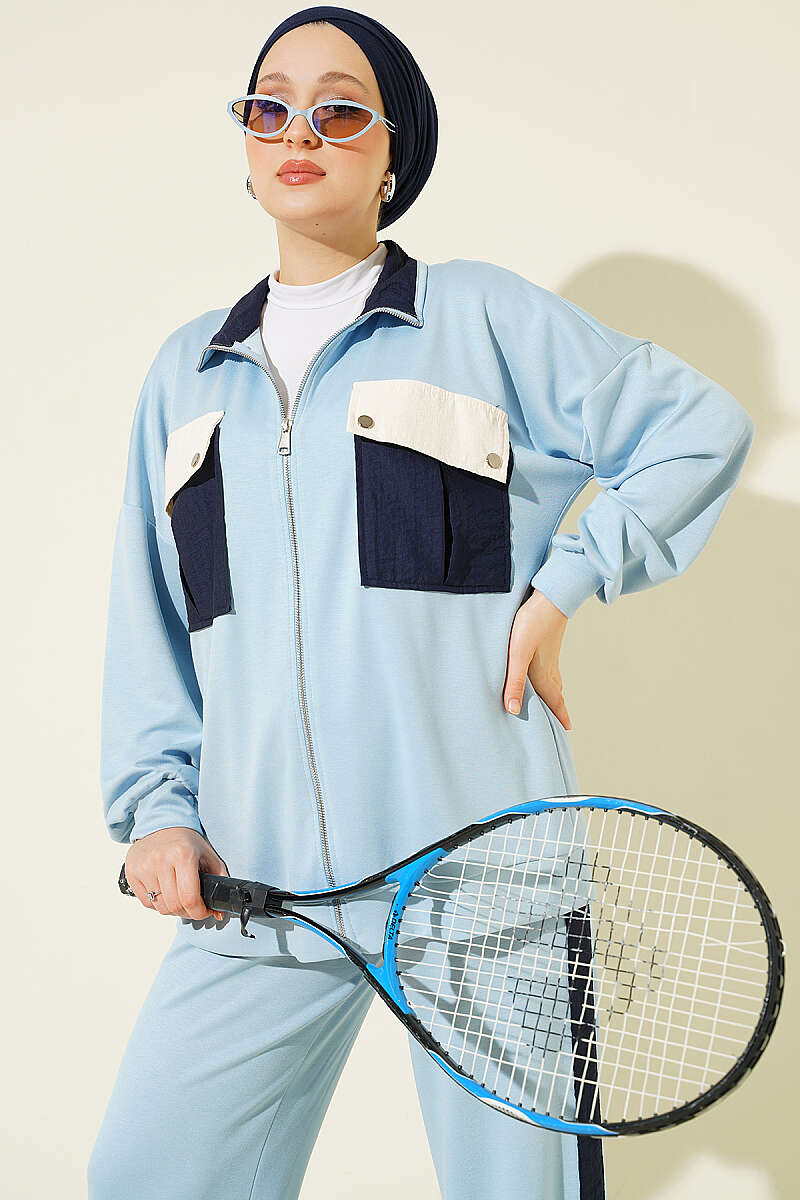 Two-Piece Set with Twin Pockets and Trim - Blue