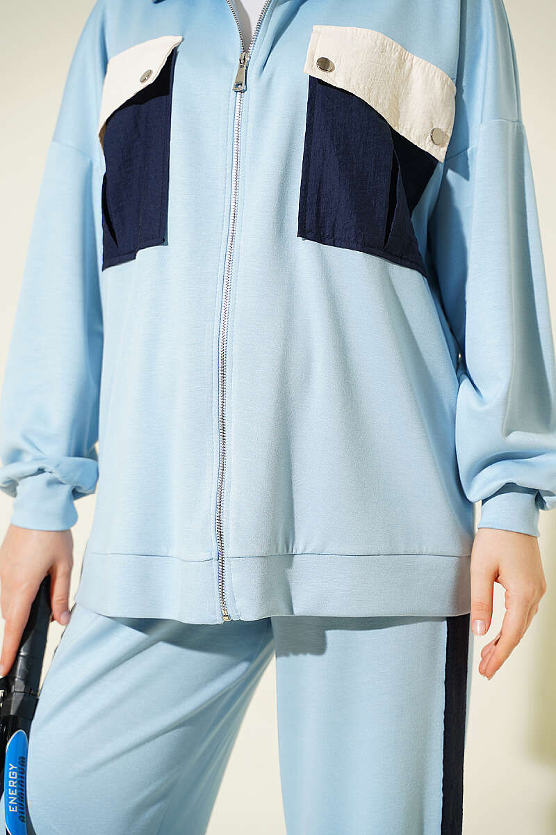 Two-Piece Set with Twin Pockets and Trim - Blue