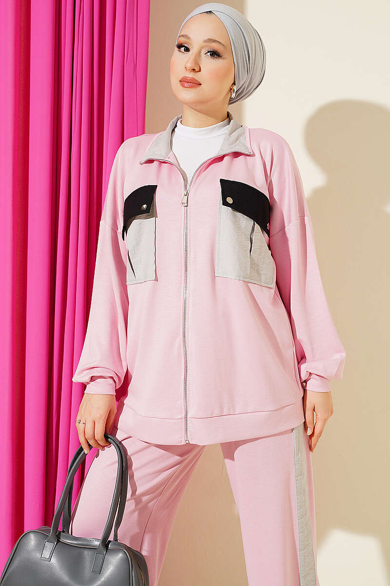 Two-Piece Set with Twin Pockets and Trim - Pink