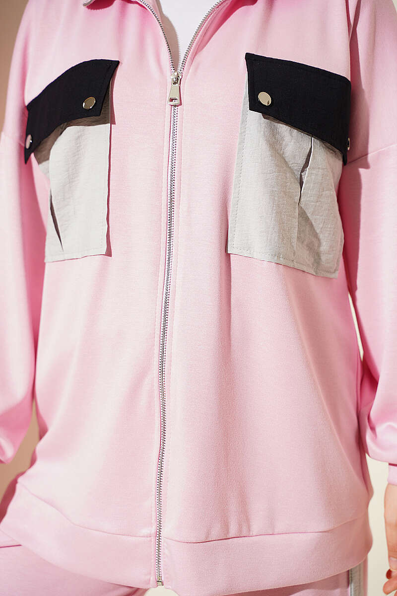 Two-Piece Set with Twin Pockets and Trim - Pink