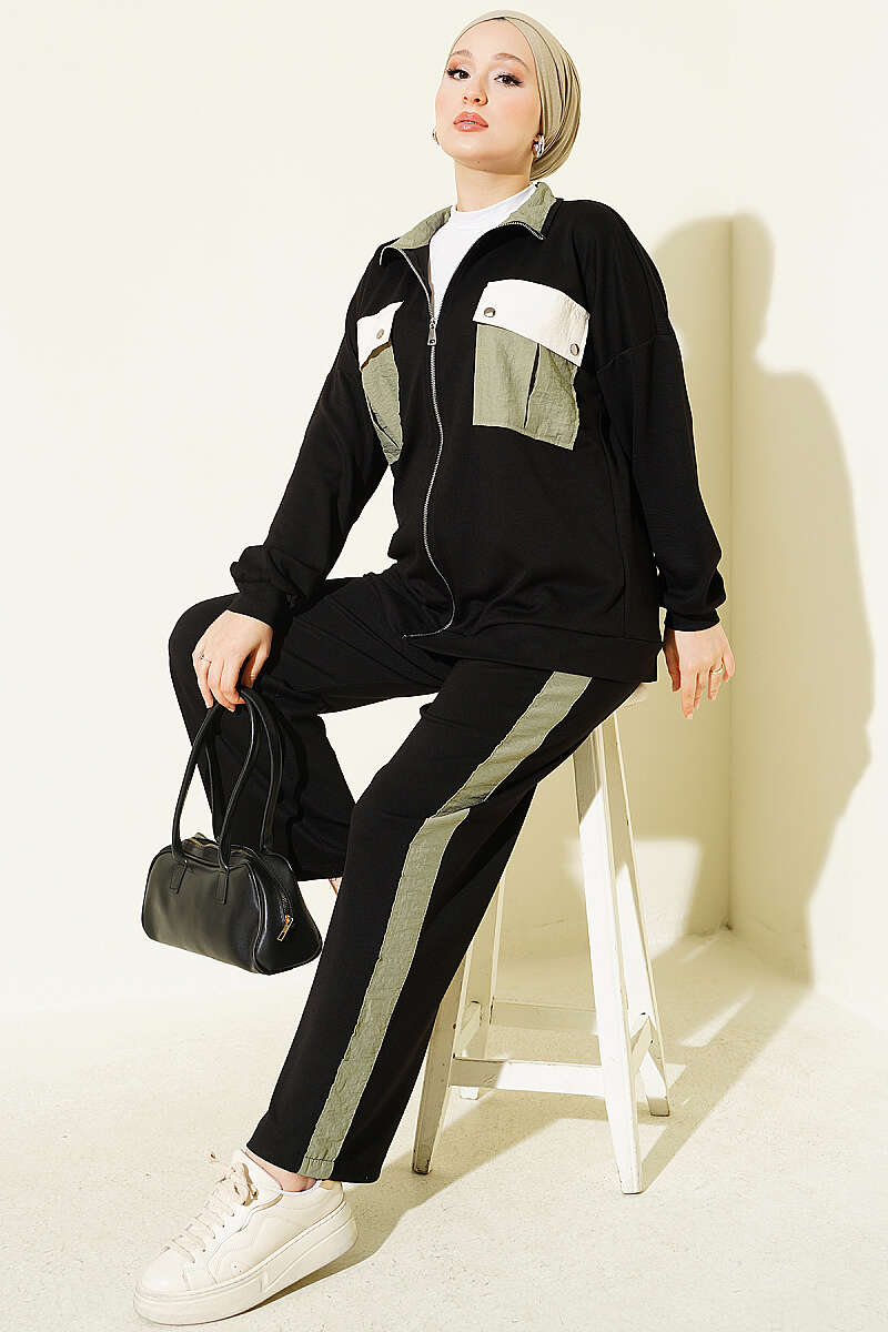 Two-Piece Set with Twin Pockets and Trim - Black