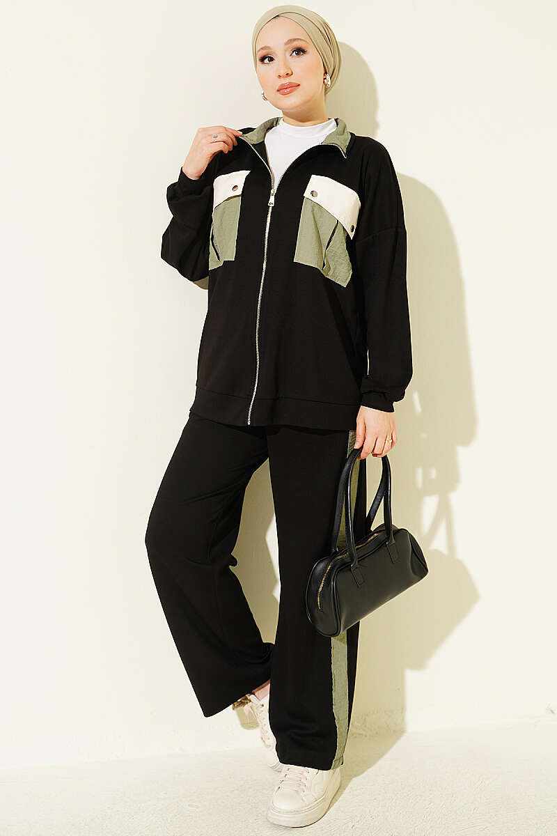Two-Piece Set with Twin Pockets and Trim - Black