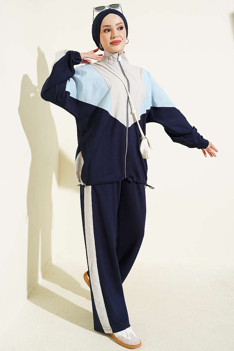 Basic Zip-Up Two-Piece Set with Trim - Navy