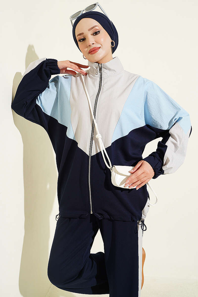 Basic Zip-Up Two-Piece Set with Trim - Navy