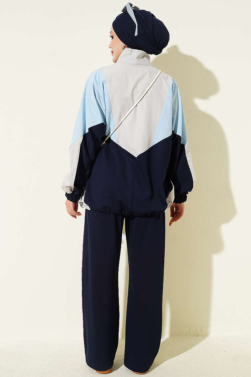Basic Zip-Up Two-Piece Set with Trim - Navy