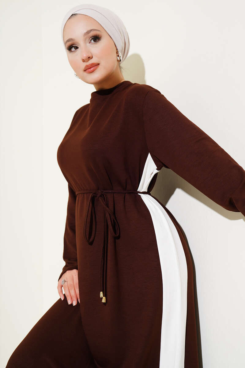 Loycha Dress with Trim and Tie Belt - Brown